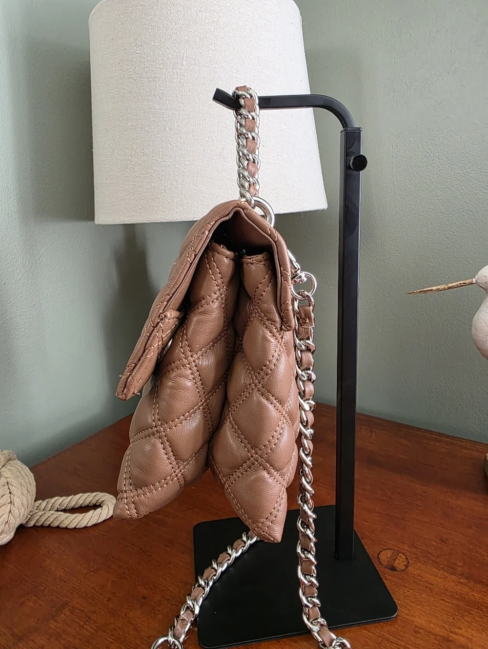 Steve Madden Quilted Chain Flap Crossbody Shoulder Bag Camel Taupe